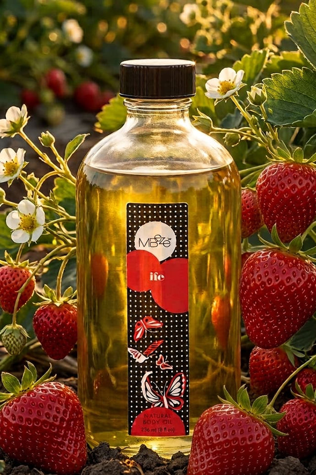 MBeze Ife Body Oil in a strawberry field, surrounded by strawberries and strawberry blossoms.