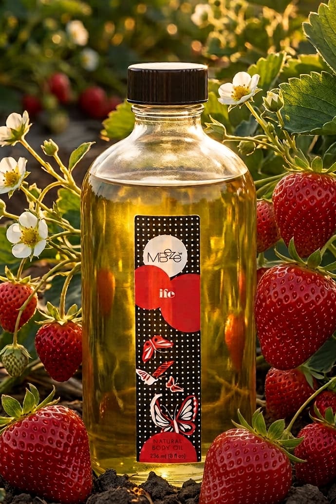 MBeze Ife Body Oil in a strawberry field surrounded by strawberries and strawberry blossoms.