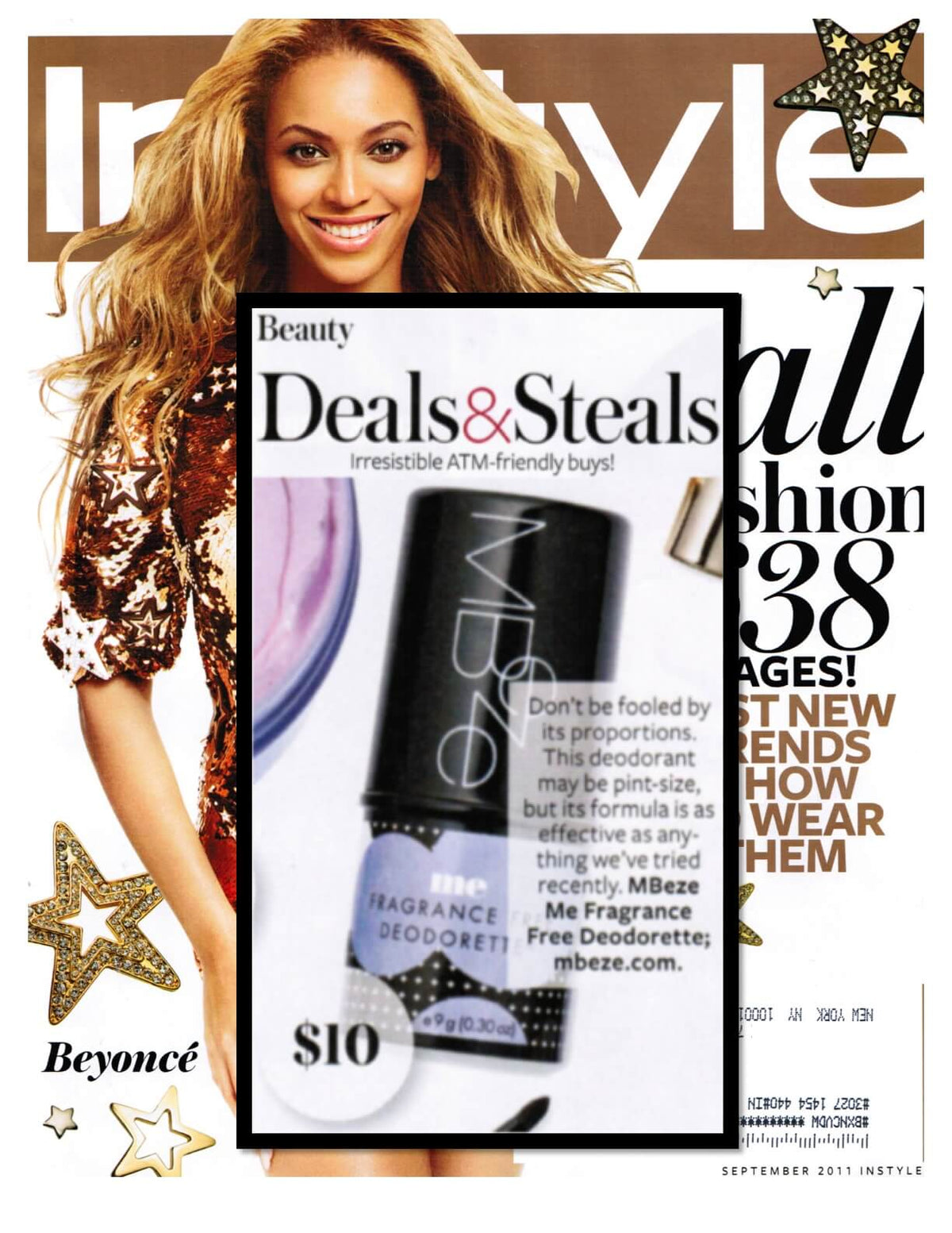 InStyle magazine cover featuring Beyoncé on the left side and a central inset ad for MBeze Me Fragrance, with the headline 'Beauty Deals & Steals'. September 2011 issue.